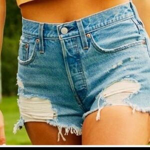 Levi's Blue Distressed Jean Shorts with Frayed Hems